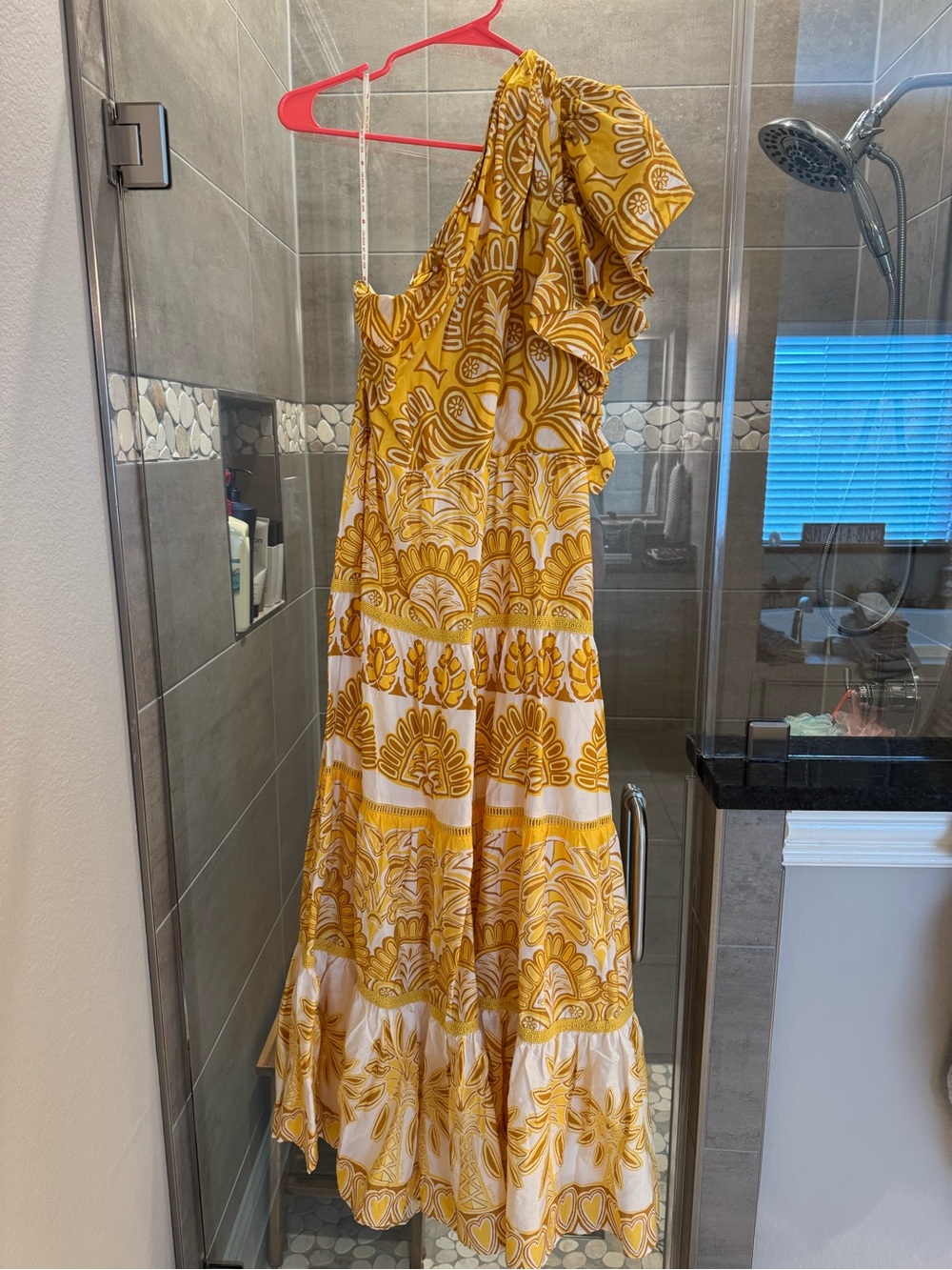 FARM Rio Yellow and White One-Shoulder Printed Maxi Dress